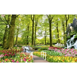 Tranh phong cảnh 3D dán tường phòng khách, phòng làm việc, nhà hàng; tranh in trên chất liệu vải lụa (tặng kèm keo dán)