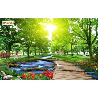 Tranh phong cảnh 3D dán tường phòng khách, phòng làm việc, nhà hàng; tranh in trên chất liệu vải lụa (tặng kèm keo dán)