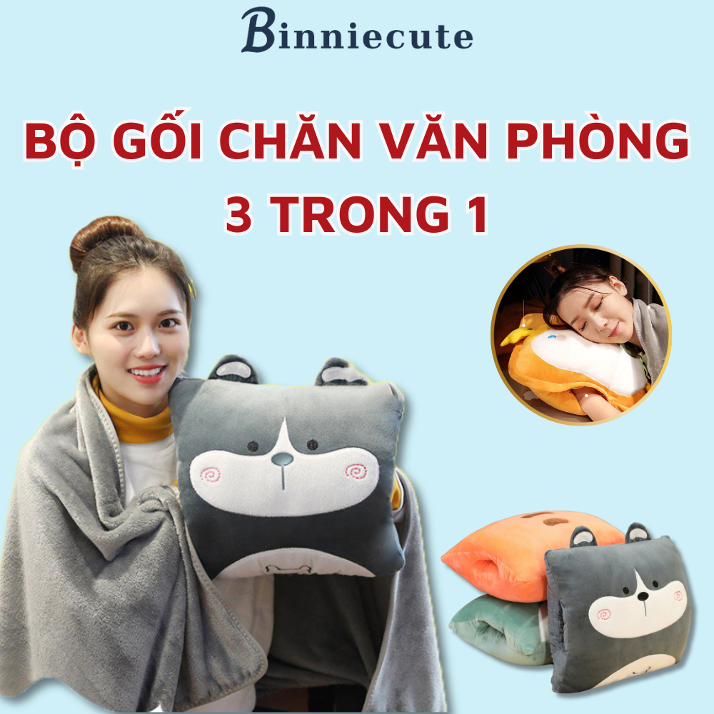 Bộ chăn gối văn phòng 3 trong 1 BINNIECUTE luồn tay hình thú dễ thương - Chăn gối ngủ văn phòng tiện ích