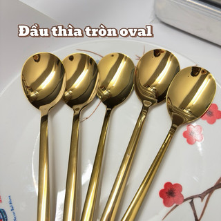 THÌA INOX 304 MẠ TITAN VÀNG KIỂU HÀN QUỐC Miệng Oval Cán Dài Ăn Cơm Sườn Phở Cháo Sang Trọng