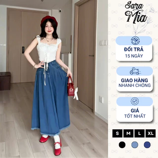 Chân váy jean xòe SARAMIA dáng dài váy bò chữ A mặc tết cạp cao xếp ly nhẹ tua gấu V17