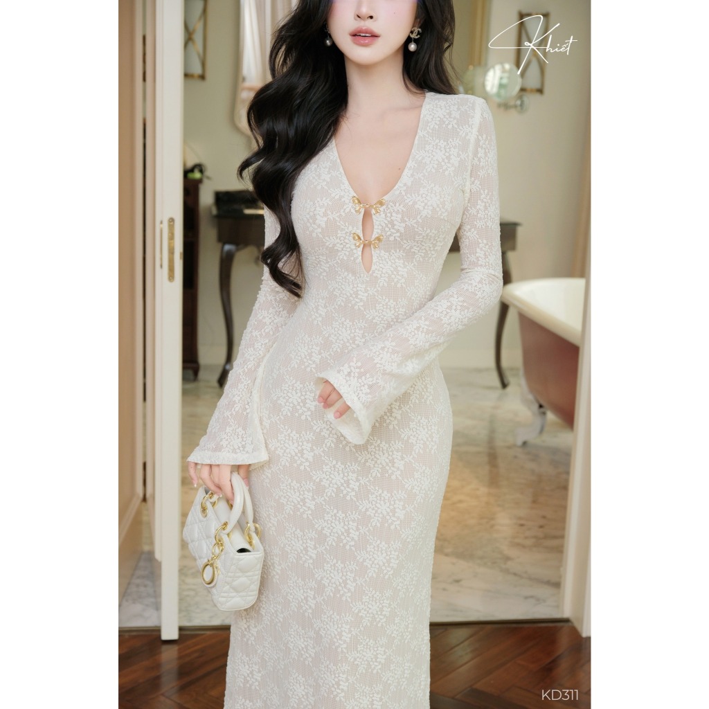 Đầm ren thun hoa trắng KHIẾT form ôm body quyến rũ phối khóa cài cánh bướm mạ vàng sang chảnh KD311