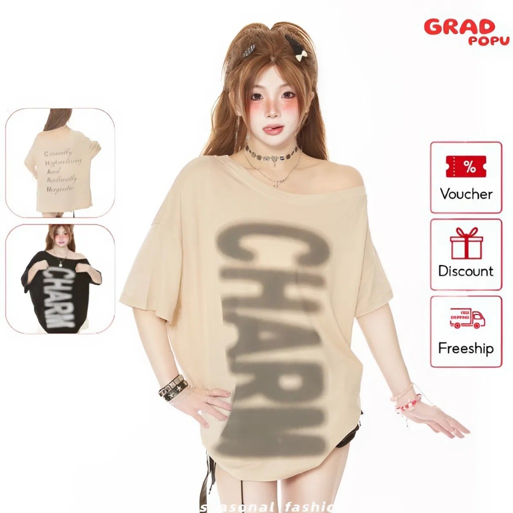 Áo thun nữ GRADPOPU in chữ CHARL lệch vai form rộng phong cách unisex streetwear cá tính AN147
