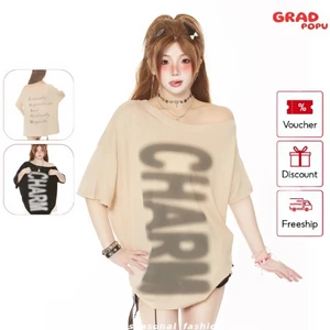 Áo thun nữ GRADPOPU in chữ CHARL lệch vai form rộng phong cách unisex streetwear cá tính AN147