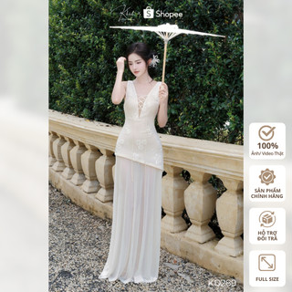 Đầm maxi dài ren hoa 3D Khiết Style phối dây đan mắt cáo màu kem, phong cách nàng thơ nhẹ nhàng KD289