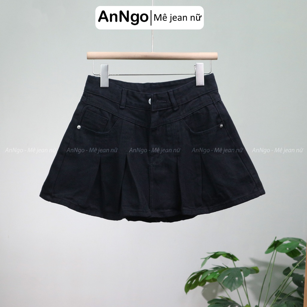 (Có big size) Chân váy jean nữ xếp ly cá tính, có lót trong mềm mịn Anngo - At535