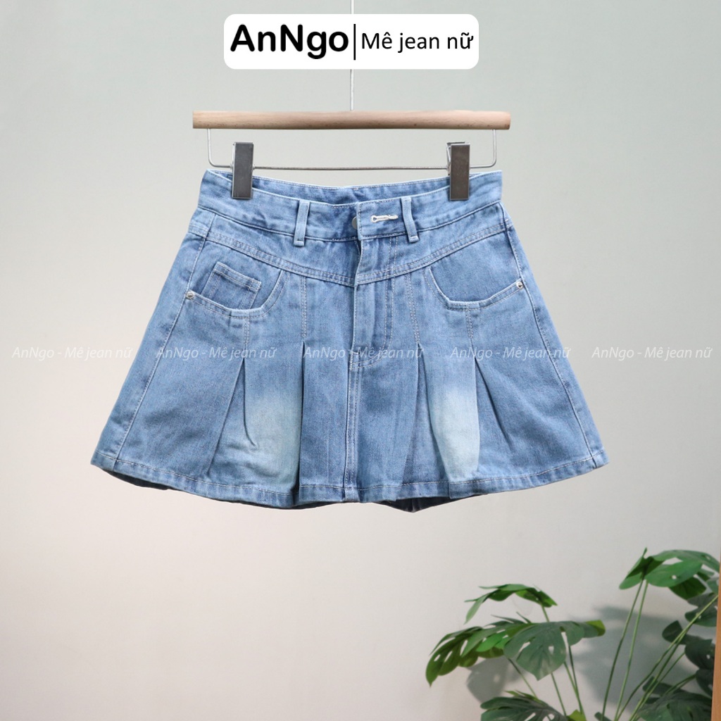 (Có big size) Chân váy jean nữ xếp ly cá tính, có lót trong mềm mịn Anngo - At535