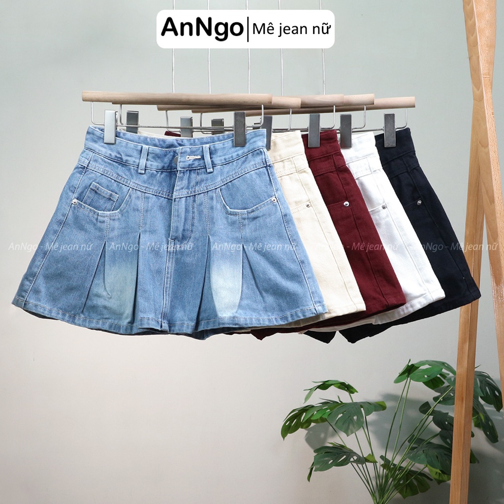 (Có big size) Chân váy jean nữ xếp ly cá tính, có lót trong mềm mịn Anngo - At535