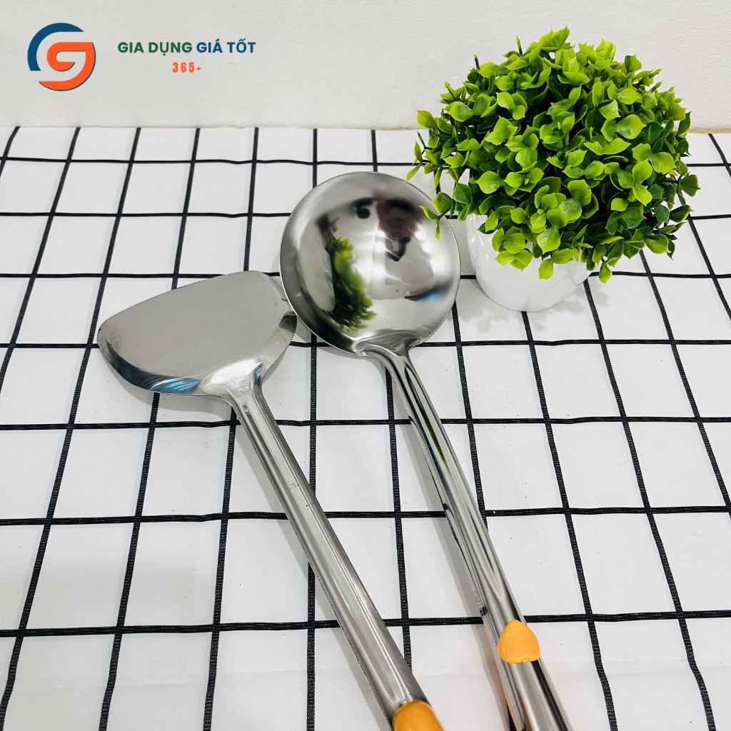 Bộ 3 muôi vá xẻng inox cán dài , dụng cụ nấu ăn nhà bếp - muôi múc canh, vá lỗ, xẻng chiên