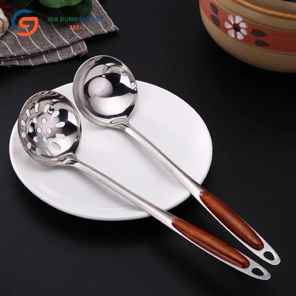 Bộ 2 muôi inox cán giả gỗ chống nóng, muôi múc canh, muôi thủng ăn lẩu