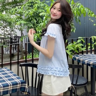 Áo Viền Bèo Chun Ngực Cúc Dọc Cổ Nơ Thô gió Nhăn, Áo Viền Tay Bèo Nữ 3 màu
