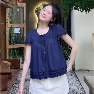 Áo Viền Bèo Chun Ngực Cúc Dọc Cổ Nơ Thô gió Nhăn, Áo Viền Tay Bèo Nữ 3 màu