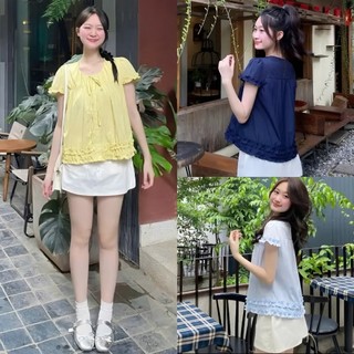 Áo Viền Bèo Chun Ngực Cúc Dọc Cổ Nơ Thô gió Nhăn, Áo Viền Tay Bèo Nữ 3 màu