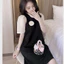 Đầm nữ công sở thanh lịch cộc tay form rộng Váy suông đen chất đũi phối tay voan cổ bèo dài tới gối kèm hoa cài T646G