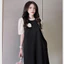 Đầm nữ công sở thanh lịch cộc tay form rộng Váy suông đen chất đũi phối tay voan cổ bèo dài tới gối kèm hoa cài T646G