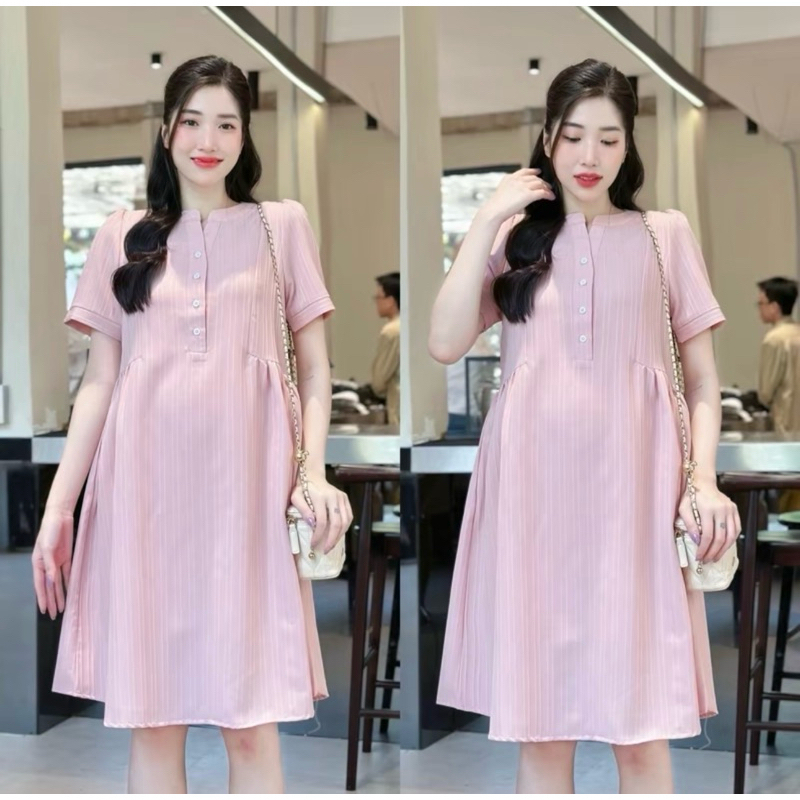Đầm bầu nữ ngắn tay không cổ Váy babydoll form rộng cộc tay dài tới gối có dọc cúc 3 màu xanh cốm hồng vàng T618G