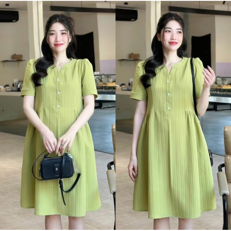 Đầm bầu nữ ngắn tay không cổ Váy babydoll form rộng cộc tay dài tới gối có dọc cúc 3 màu xanh cốm hồng vàng T618G