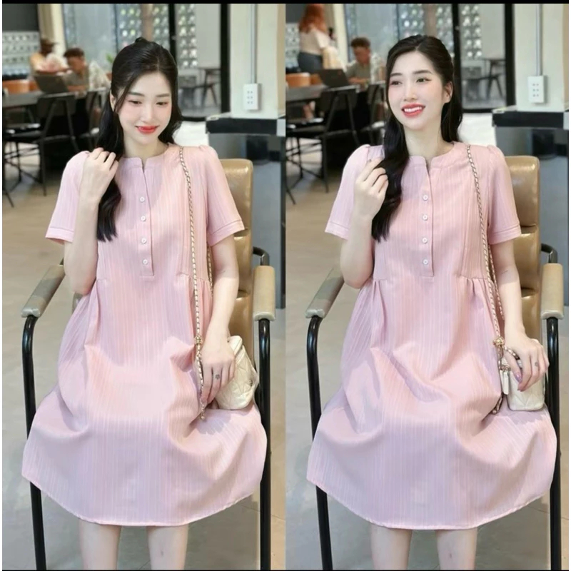 Đầm bầu nữ ngắn tay không cổ Váy babydoll form rộng cộc tay dài tới gối có dọc cúc 3 màu xanh cốm hồng vàng T618G