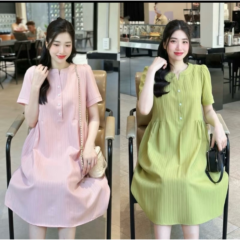Đầm bầu nữ ngắn tay không cổ Váy babydoll form rộng cộc tay dài tới gối có dọc cúc 3 màu xanh cốm hồng vàng T618G