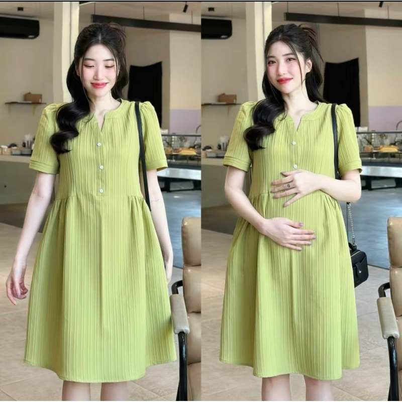 Đầm bầu nữ ngắn tay không cổ Váy babydoll form rộng cộc tay dài tới gối có dọc cúc 3 màu xanh cốm hồng vàng T618G