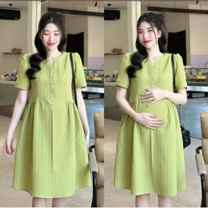 Đầm bầu nữ ngắn tay không cổ Váy babydoll form rộng cộc tay dài tới gối có dọc cúc 3 màu xanh cốm hồng vàng T618G