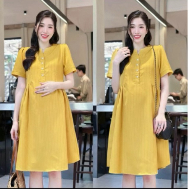 Đầm bầu nữ ngắn tay không cổ Váy babydoll form rộng cộc tay dài tới gối có dọc cúc 3 màu xanh cốm hồng vàng T618G