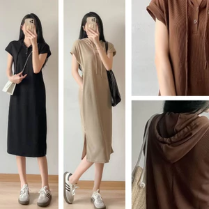 Đầm nữ thu đông form rộng bầu to Váy len tăm có mũ hoodie dáng dài cộc tay form suông xẻ tà đen nâu be T609G