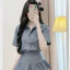 Bộ áo kiểu đầm ngắn Set đồ nữ áo sơ mi cộc tay cổ bẻ thêu nơ ngực + Chân váy bèo xòe 2 tầng có quần trong bảo hộ T538G