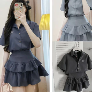 Bộ áo kiểu đầm ngắn Set đồ nữ áo sơ mi cộc tay cổ bẻ thêu nơ ngực + Chân váy bèo xòe 2 tầng có quần trong bảo hộ T538G