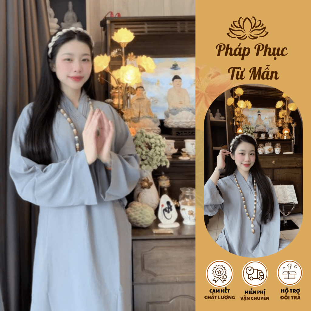 Áo tràng đi chùa thêu hoa sen kèm quần lụa trượt Quần áo phật tử truyền thống Set bộ áo tràng nữ dáng dài đi tu tập