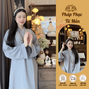Áo tràng đi chùa thêu hoa sen kèm quần lụa trượt Quần áo phật tử truyền thống Set bộ áo tràng nữ dáng dài đi tu tập