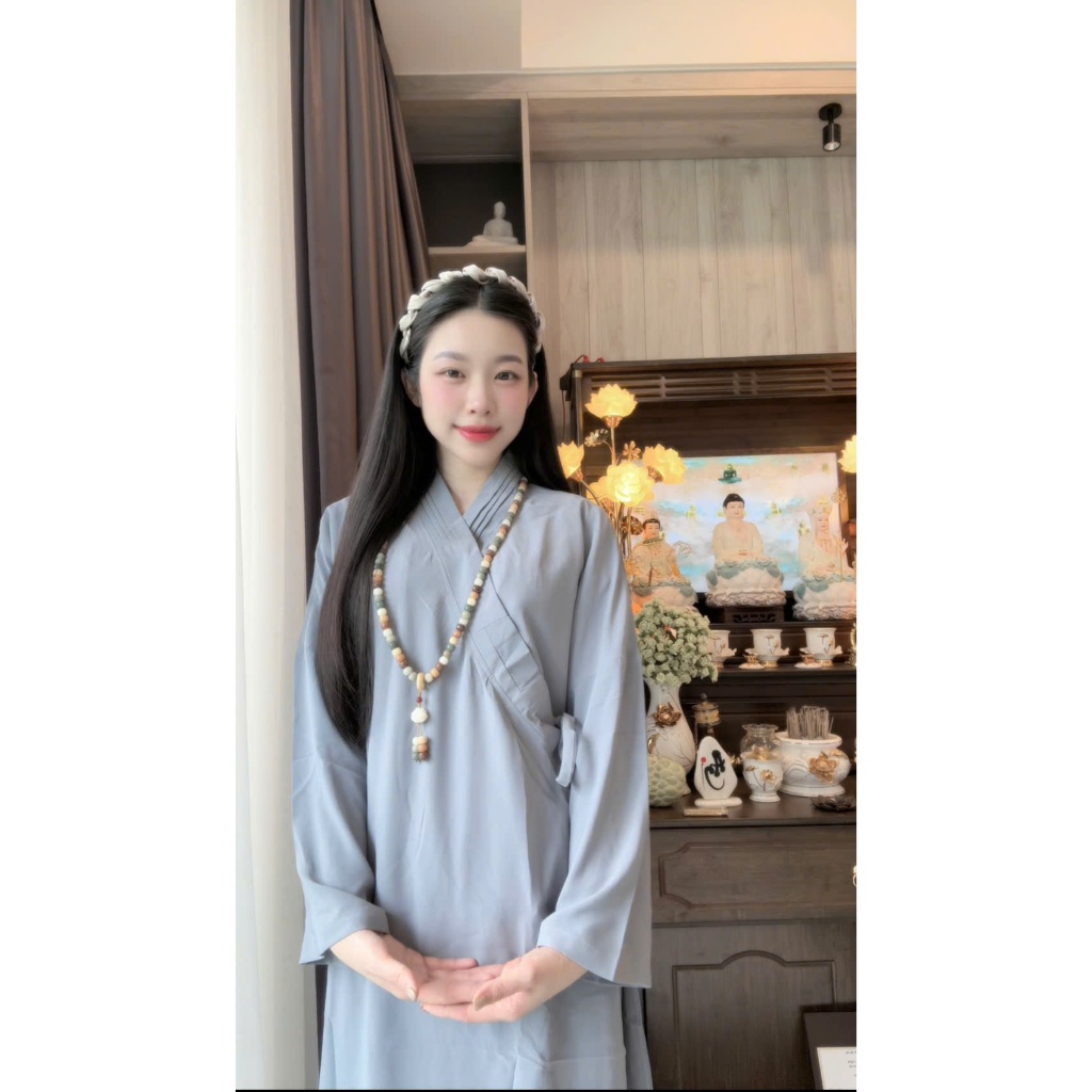 Áo tràng đi chùa thêu hoa sen kèm quần lụa trượt Quần áo phật tử truyền thống Set bộ áo tràng nữ dáng dài đi tu tập