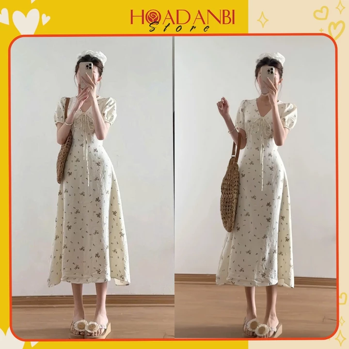 Váy hoa nhí cổ V bèo tay phồng dáng dài tiểu thư 2 lớp, Váy maxi hoa nhí siêu xinh