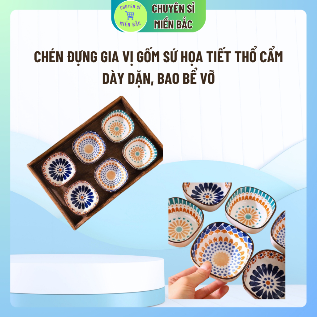 Bát sứ đựng nước chấm đồng tiền Chén đựng gia vị gốm sứ phong cách Nhật Bản họa tiết thổ cẩm