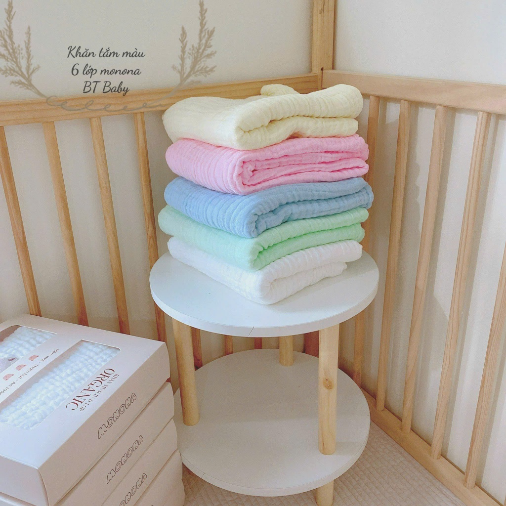 Khăn tắm 6 lớp organic MONONA mềm mịn kháng khuẩn, thấm hút tốt, màu trơn thêu họa tiết đáng yêu 100x110- Bahu_Baby