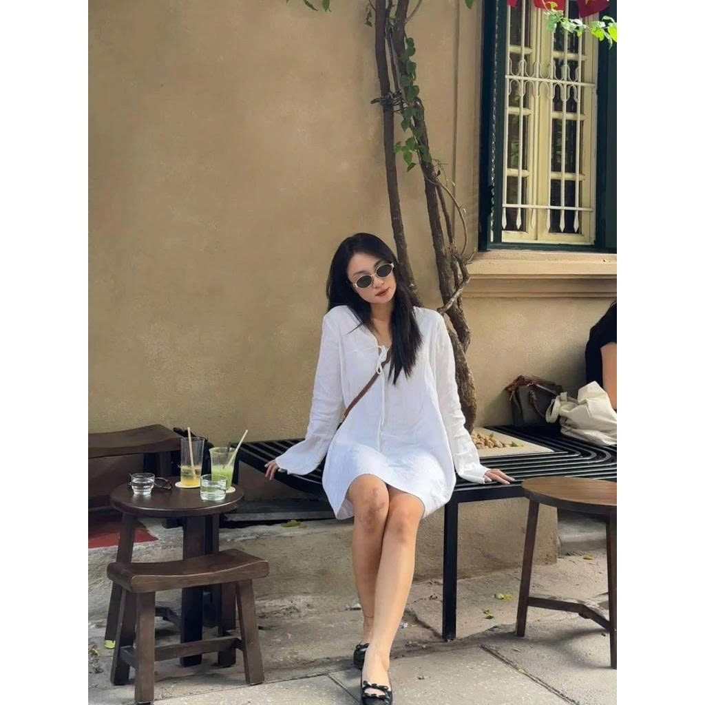 𝗟𝗮 𝗗𝗿𝗲𝘀s-  Đầm Linen xuông tay loe thắt nơ