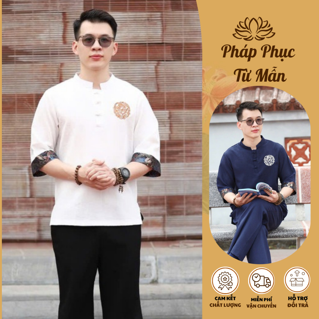 Pháp phục đi chùa nam cổ trụ vải đũi phối viền Bộ điì đi chùa cho nam 55-85kg mặc lễ tết đũi mềm mát