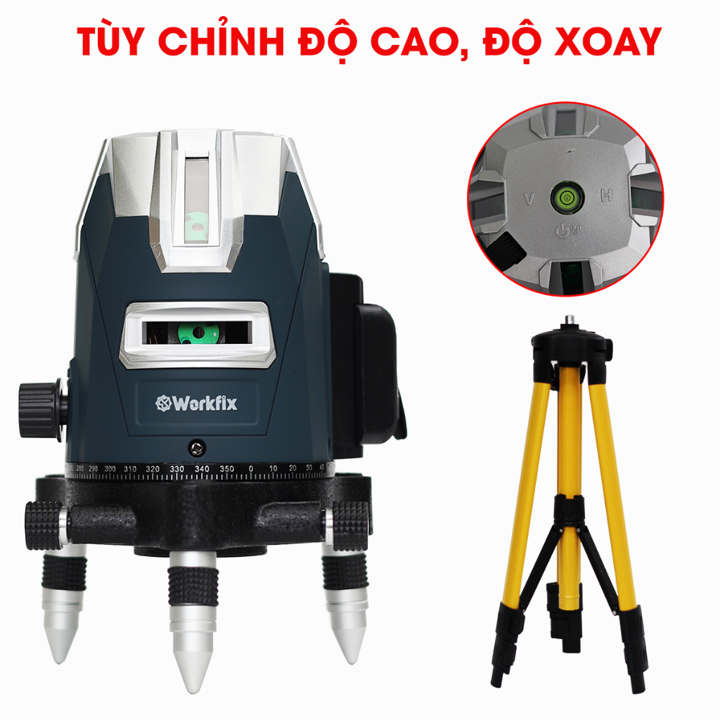 [TẶNG PHỤ KIỆN] Máy Bắn Cốt, Cân Bằng Laser Workfix WF-LS686PRO 5 Tia Xanh, Xoay 360°, Kèm Chân 1m3