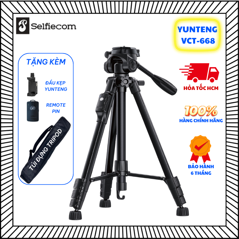 Chân máy ảnh điện thoại Yunteng VCT-668 – Tripod cao 160cm, tải 3kg, gấp gọn 46cm, đầu xoay mượt, kèm remote Bluetooth