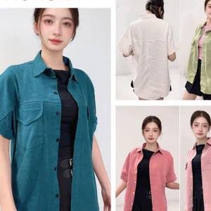 Áo unisex basic phối khoác ngoài bigsize Áo sơ mi cộc tay nam nữ form rộng oversize chất nhung tăm dày T1061G