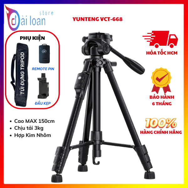 Tripod máy ảnh, chân đế điện thoại Yunteng VCT 668 - Kèm remote từ xa và kẹp điện thoại