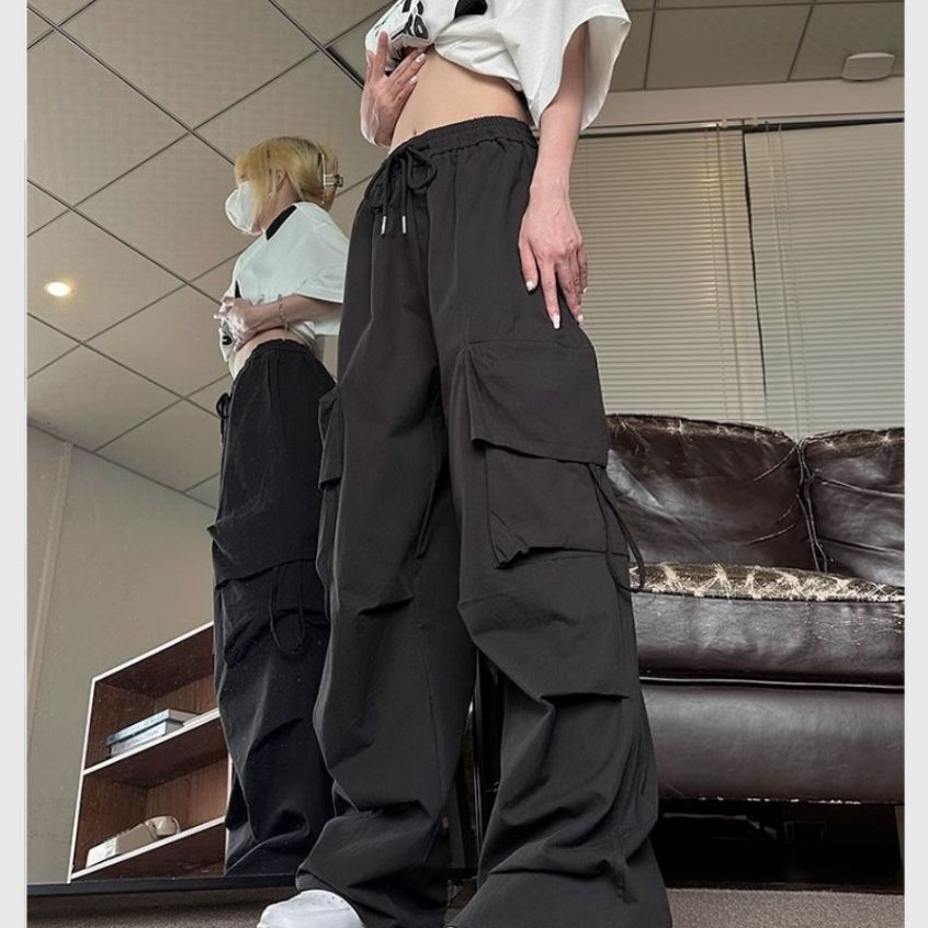Quần dài túi hộp unisex trẻ Quần ống rộng nam nữ túi hộp to có dây điều chỉnh đen be xanh có chốt rút gấu T770G