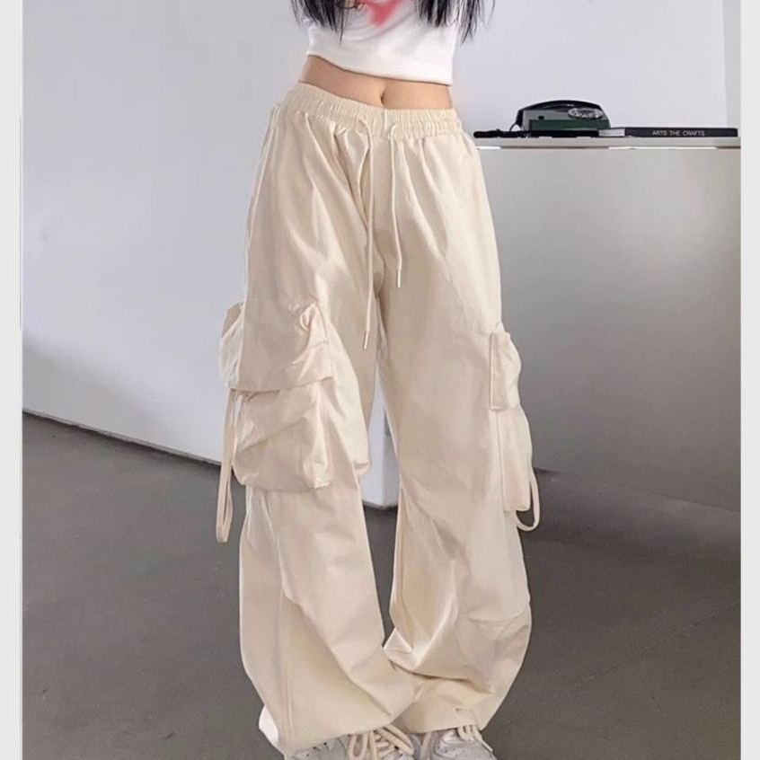 Quần dài túi hộp unisex trẻ Quần ống rộng nam nữ túi hộp to có dây điều chỉnh đen be xanh có chốt rút gấu T770G