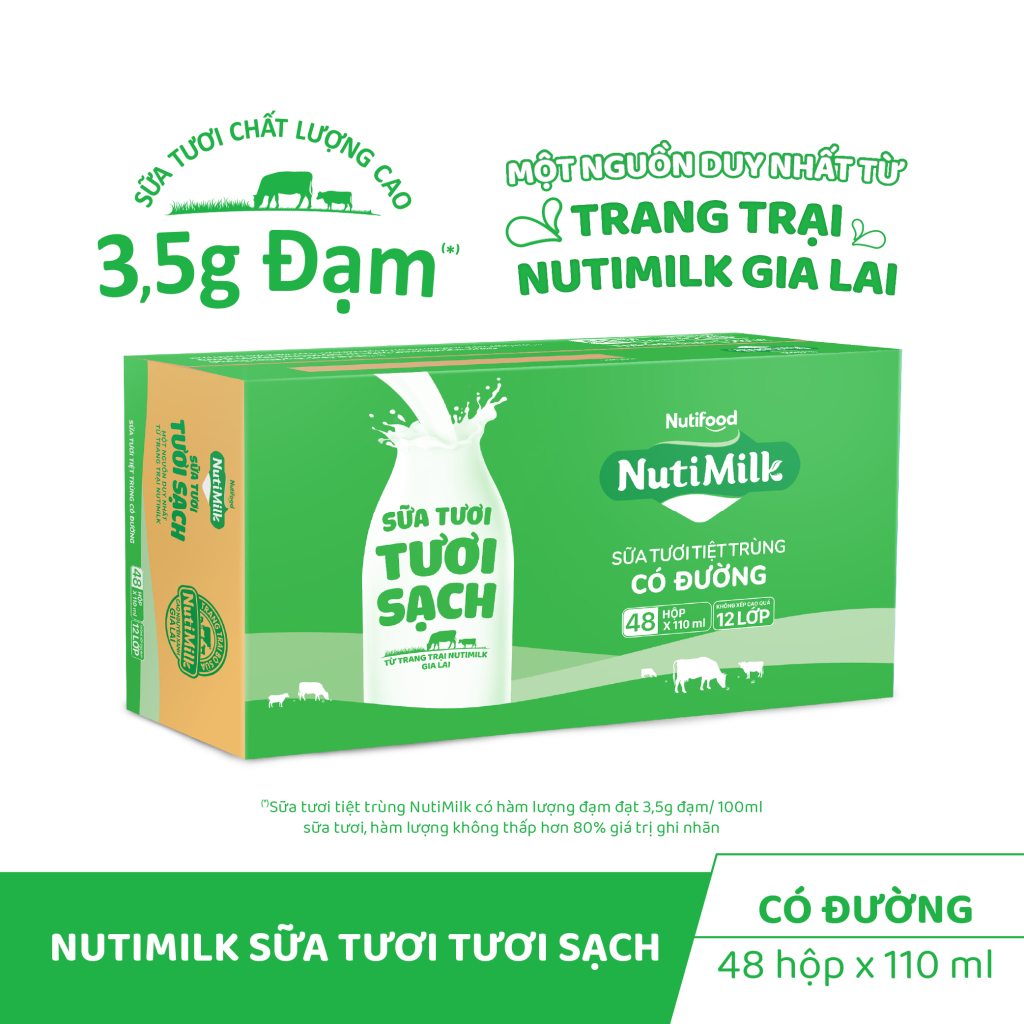 COMBO 2 Thùng 48 Hộp Sữa Tươi Tươi Sạch NutiMilk Có Đường 110ml