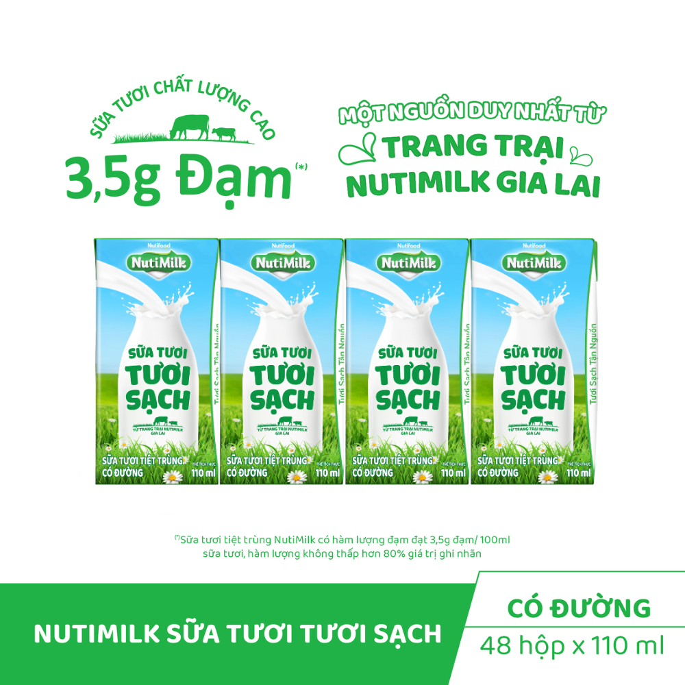 COMBO 2 Thùng 48 Hộp Sữa Tươi Tươi Sạch NutiMilk Có Đường 110ml
