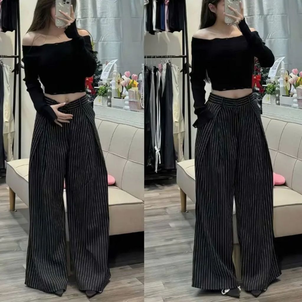 [DEAL MỞ BÁN] Quần Kẻ Sọc Ống Rộng Xếp Ly Nam Nữ Form Đứng Ly Thằng Modern Girl