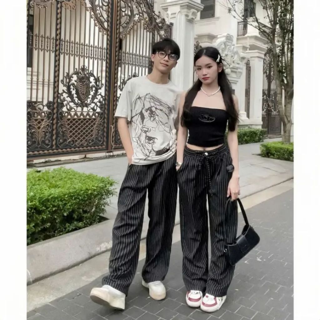[DEAL MỞ BÁN] Quần Kẻ Sọc Ống Rộng Xếp Ly Nam Nữ Form Đứng Ly Thằng Modern Girl