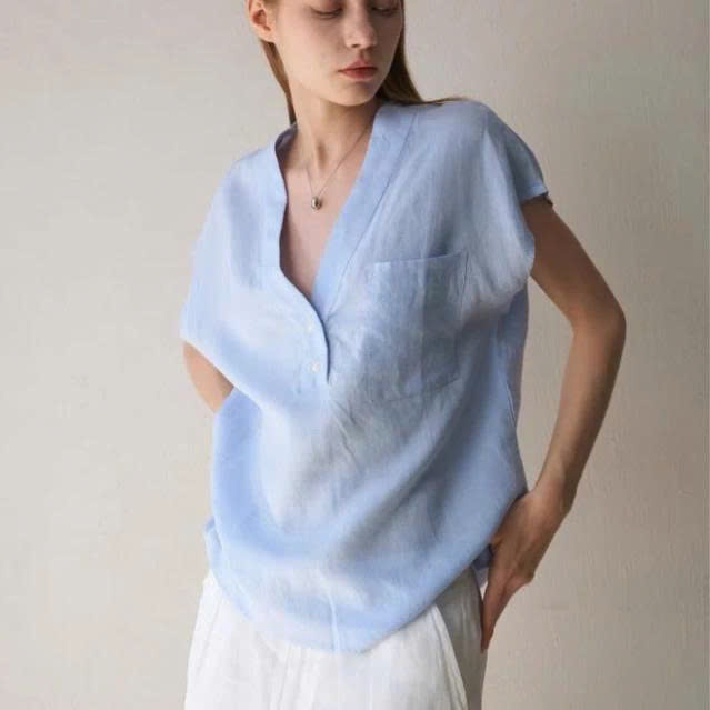 𝗣𝗮𝗻𝗱𝗼-  Áo Linen cổ tim tay hến BEELY