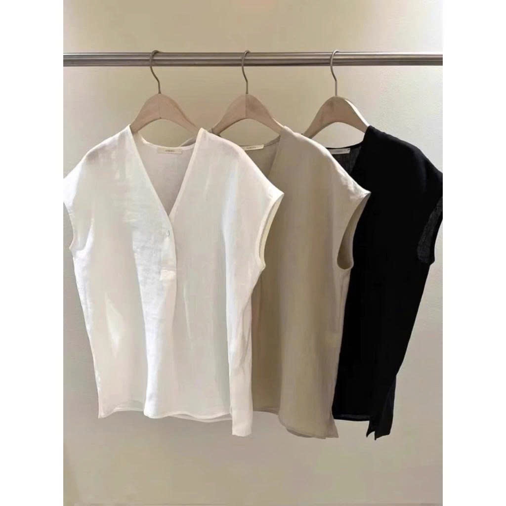 𝗣𝗮𝗻𝗱𝗼-  Áo Linen cổ tim tay hến BEELY