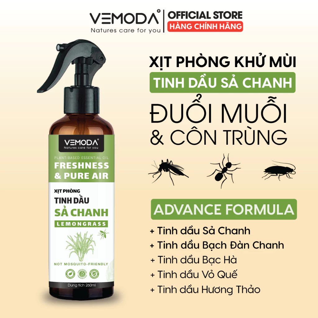 Chai xịt phòng tinh dầu Sả Chanh, Bạc Hà giúp thơm phòng, hỗ trợ đuổi muỗi và côn trùng nhanh chóng